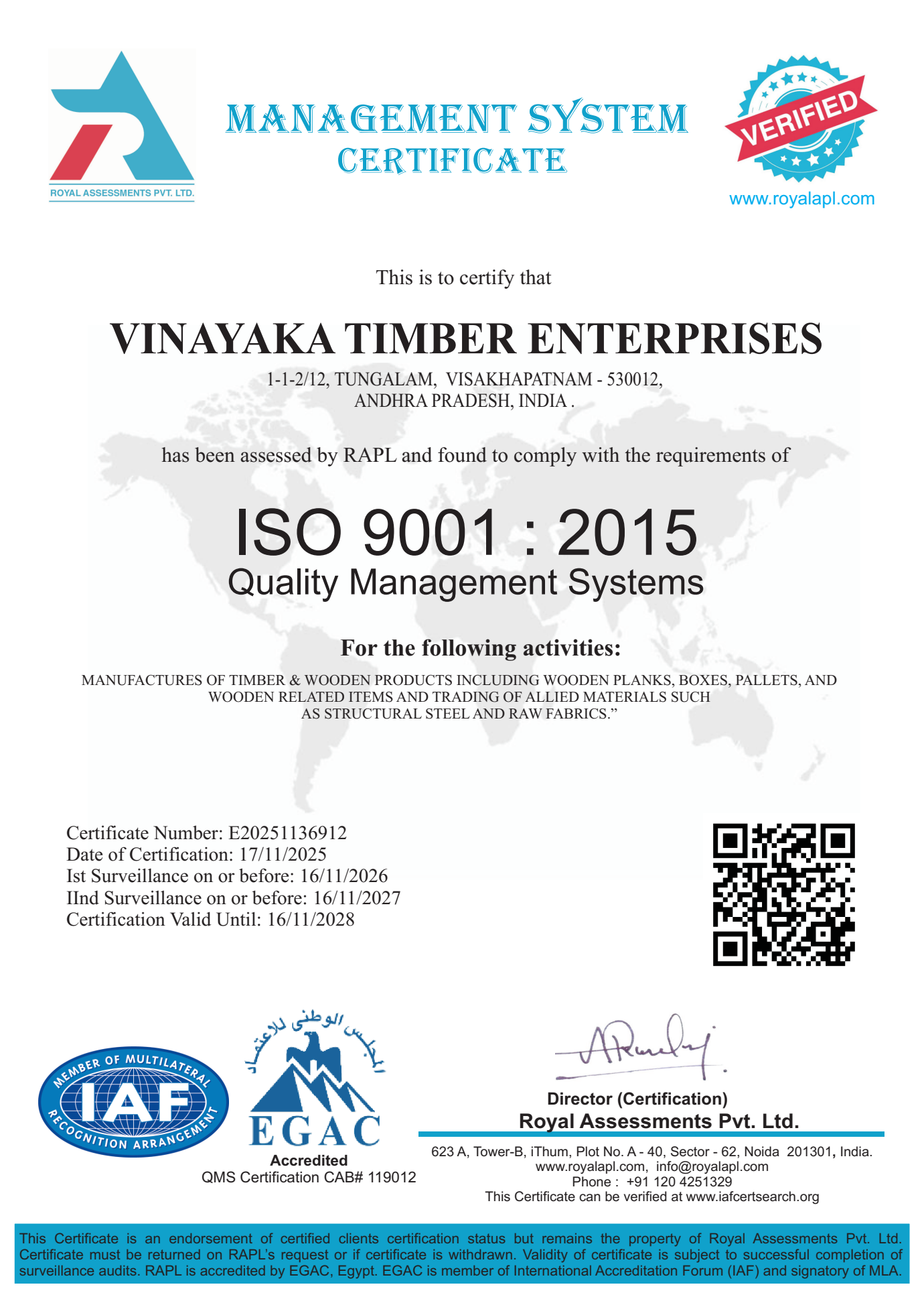 First page of Vinayaka Timber Enterprises ISO 9001:2015 certificate