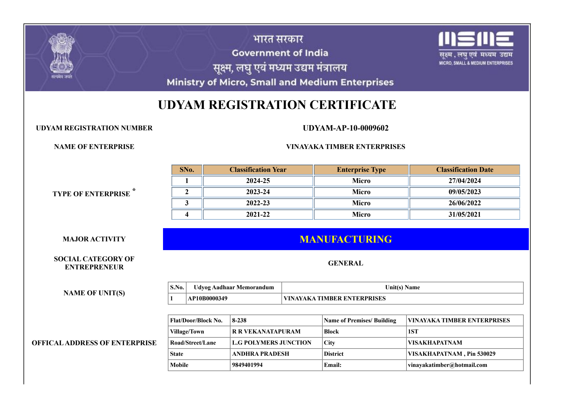 First page of Vinayaka Timber Enterprises Udyam Registration Certificate