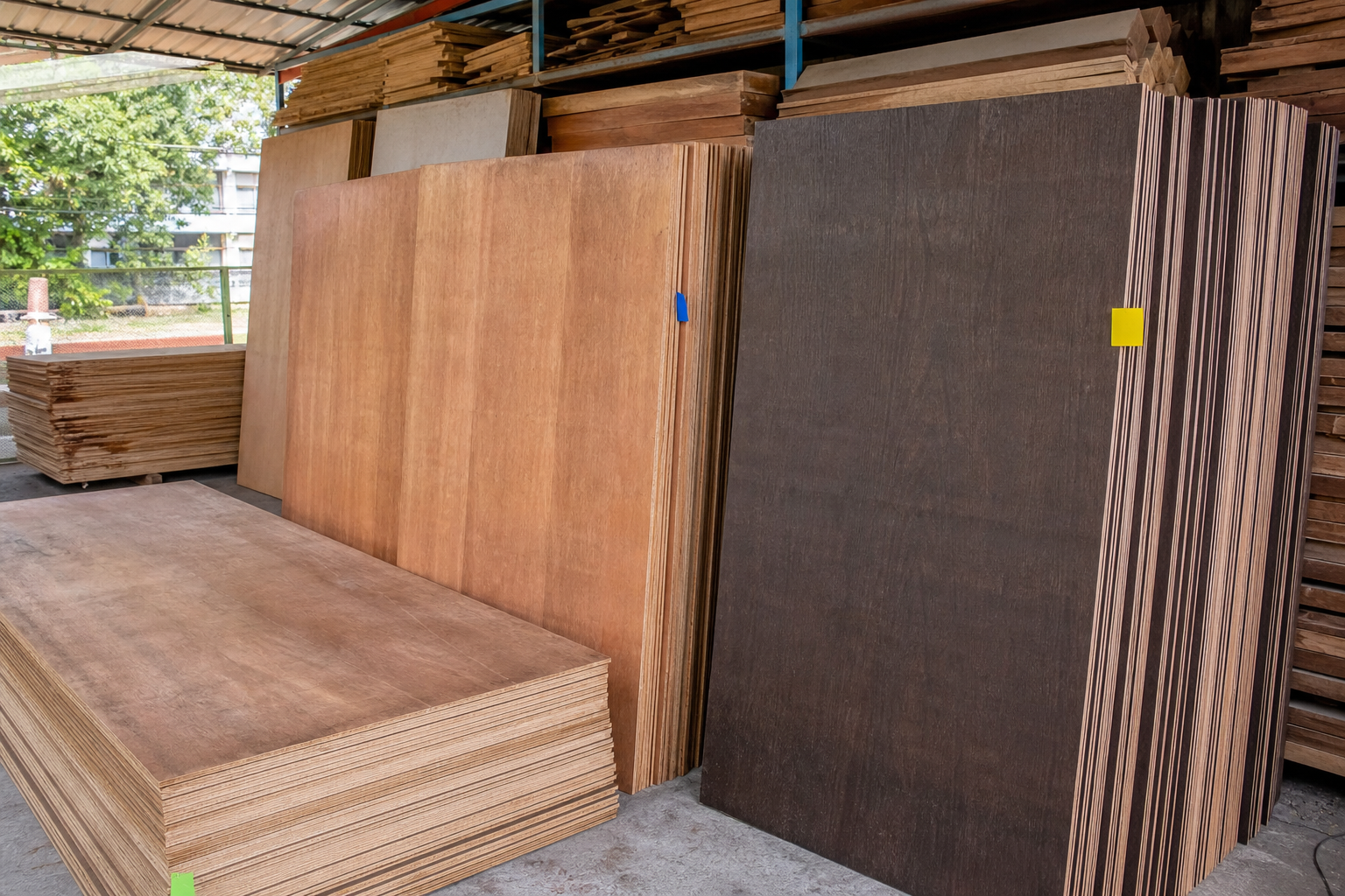 Marine grade and commercial grade plywood sheets in a timber depot